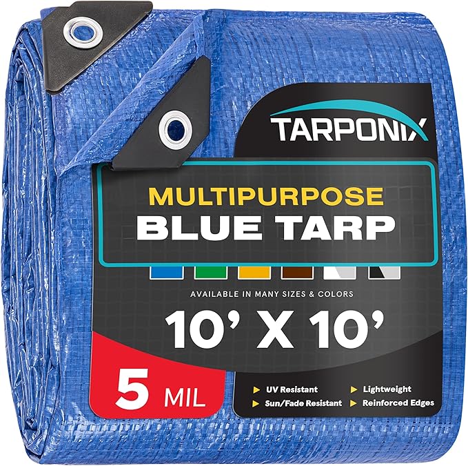 Better Blue Poly Tarp 10’ x 10’ – Lightweight 5 Mil Waterproof Cover – Durable, Weatherproof, Multipurpose Protection for Camping, Roofing, Construction