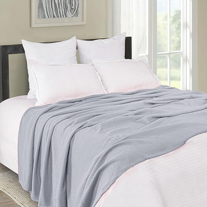 BOUTIQUO 100% Cotton Bed Blanket, Breathable Thermal Blanket King Size, Soft Honeycomb Waffle Blanket 90"x102", Cotton Bed Blanket, Perfect for Layering Any Bed for All Season, Light Grey