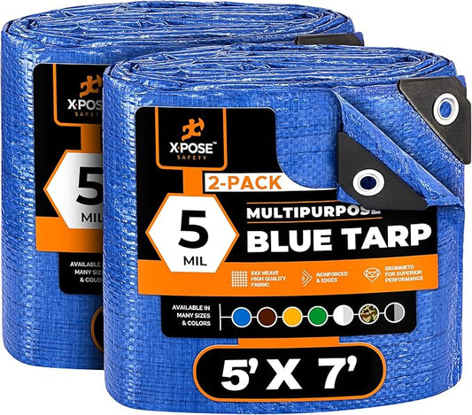 Better Blue Poly Tarp 5' x 7' (2-Pack) - Multipurpose Protective Cover - Lightweight, Durable, Waterproof, Weather Proof - 5 Mil Thick Polyethylene - by Xpose Safety