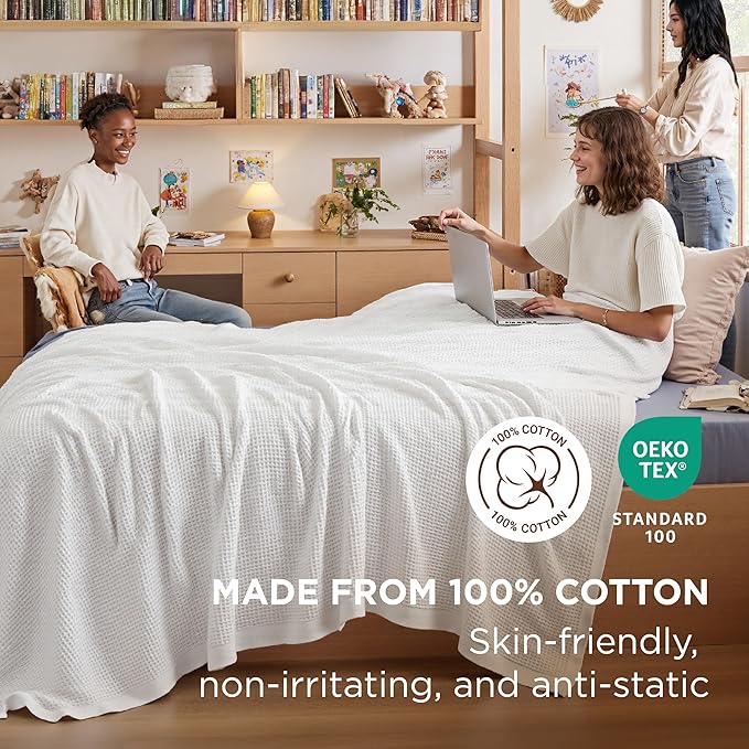 Bedsure Gentlesoft 100% Cotton Blanket Twin XL Size for College Dorm - Breathable and Soft, Waffle Weave Twin Blanket for Summer, Dorm Room Essentials, White, 66x90 inches