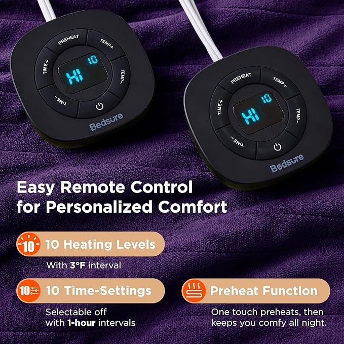 Bedsure Electric Blanket Queen Size - Dual Control Heated Blanket Queen, Fast Heating with 10 Time Settings & 10 Heat Settings, Warm Gift for Grandma (84x90 inches, Purple)