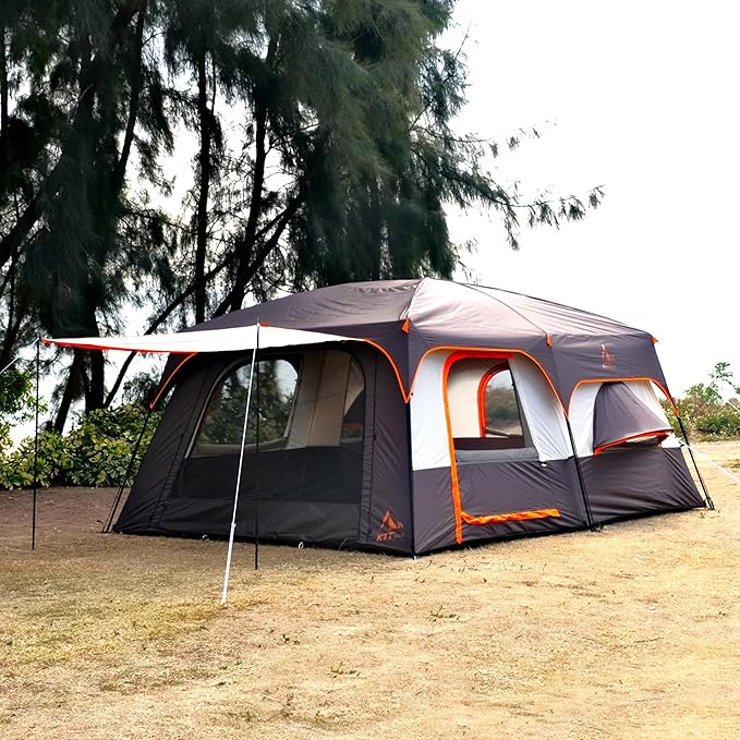 KTT Extra Large Tent 12 Person,Family Cabin Tents,Full Rainfly,2 Bay-Windows,2 Rooms and 3 Doors 3 Windows with Mesh,Waterproof,Straight Wall,Double Layer,Big Tent for Outdoor,Picnic,Camping