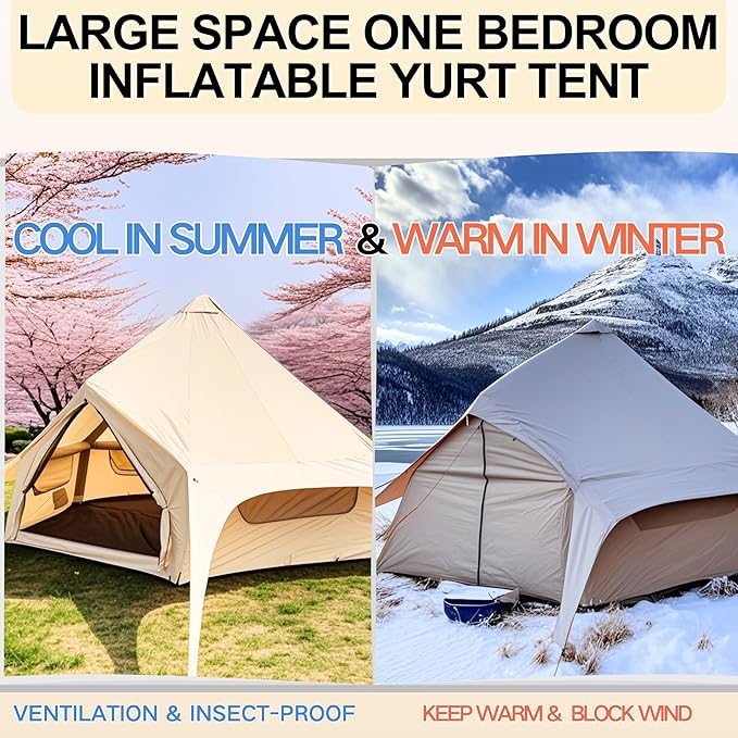 Inflatable Tent, Outdoor Easy Setup Inflatable Tents for Camping, Portable Blow Up Tent with Stove Jack, Cotton Canvas Material for Glamping, for 4 Season, 4/6/8/10 Person Use