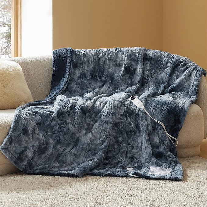 Bedsure Electric Blanket Twin - Faux Fur Sherpa Heated Blanket Twin Size, Fast Heating with 6 Heating Levels & 10 Time Settings, 8 Hours Auto-Off (62x84 inches, Navy)