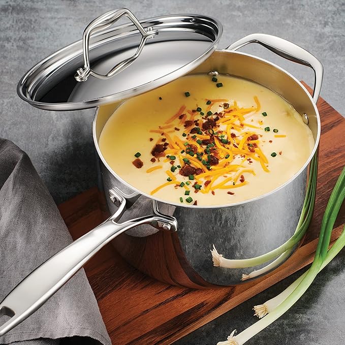 Tramontina Signature Tri-Ply Clad Stainless Steel 4-Quart Sauce Pan with Lid, Induction-Ready, Dishwasher-Safe, NSF-Certified, Made in Brazil