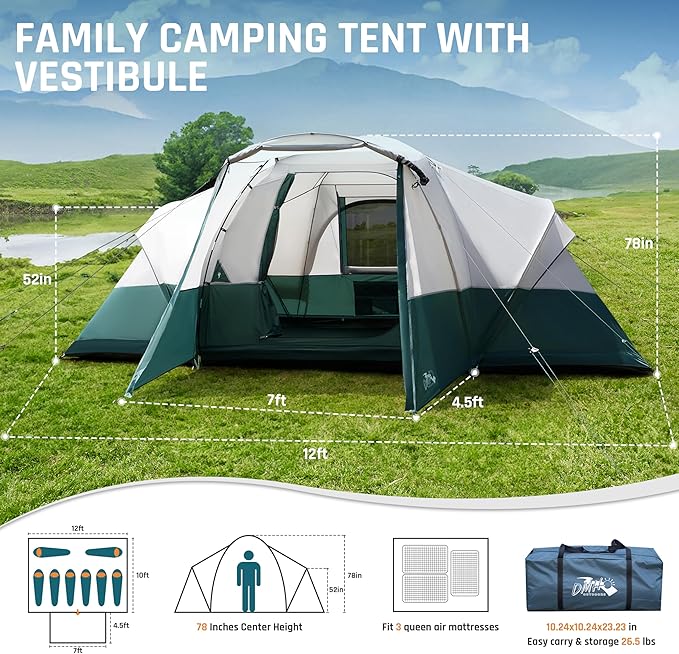 8/10/11 Person Camping Tent with Porch, Large Family Tents for Camping, PU1000MM Waterproof Tent with 5 Mesh Windows, Removable Rainfly, Reflective Windproof Rope, Big Dome Tent Fits 3 Queen Airbeds