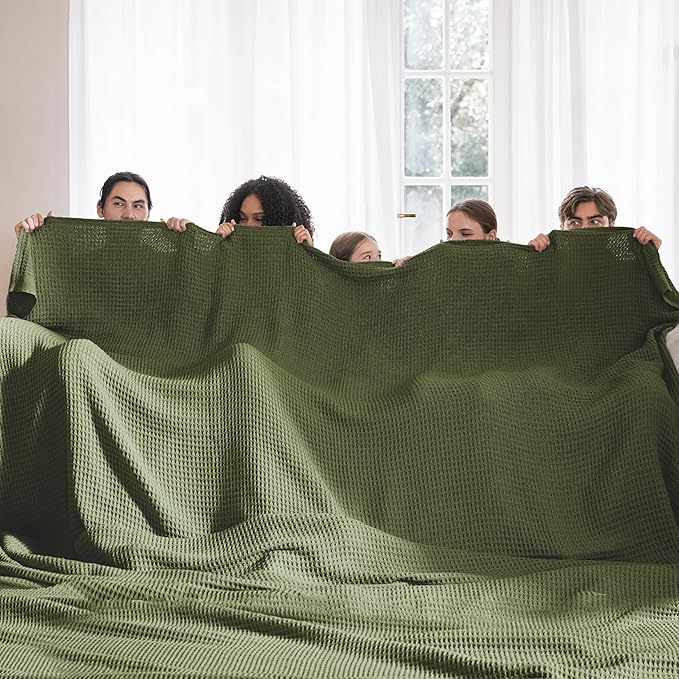 Bedsure Gentlesoft 100% Cotton Large Blanket Oversized King for Bed - Breathable Thick Waffle Weave Blanket for Summer, Couch Cover, Olive Green, 120x94 inches