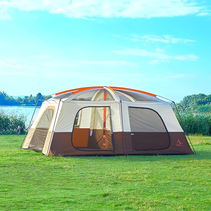 KTT Extra Large Tent 12-14 Person,Family Cabin Tents,2 Rooms,Straight Wall,2 Doors 4 Windows with Mesh,Waterproof,Straight Wall,Big Tent for Outdoor,Picnic,Camping,Gathering(Brown)