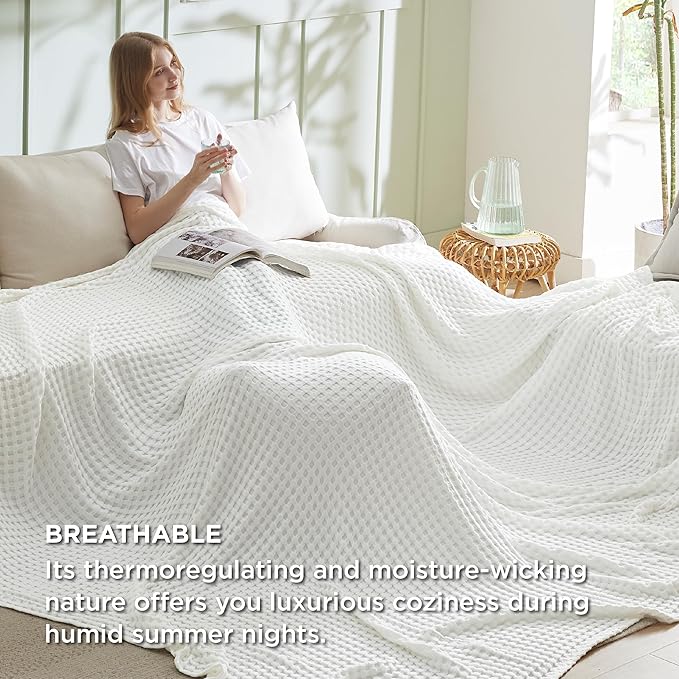 Bedsure Cooling Cotton Waffle Oversized King Blanket - Lightweight Breathable Blankets Rayon Derived from Bamboo for Hot Sleepers, Luxury Throws for Bed and Sofa, Ivory, 120x96 Inches