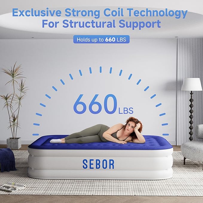 Sebor Air Mattress Full with Built-in Pump 18", Comfortable Self-Inflating Air Mattress with High-Speed Pump, Durable Blow Up Mattress Full with Storage Bag for Guests, Camping, Travel