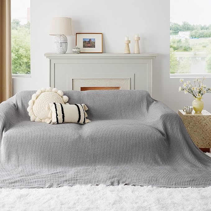 Bedsure Gentlesoft 100% Cotton Large Blanket Oversized King for Bed - Breathable Thick Waffle Weave Blanket for Summer, Couch Cover, Grey, 120x94 inches