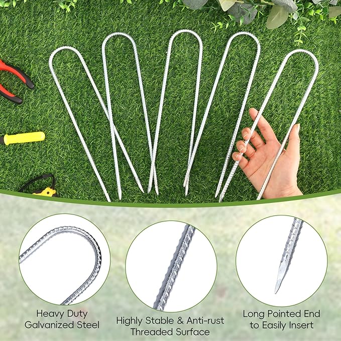 CEWOR 6 Pack 12 Inch Rebar Stakes, U Hook Galvanized Trampoline Stakes High Wind Ground Anchors for Camping Tent, Chain Link Fence, Heavy Duty Metal Steel Yard Landscape Garden Staples
