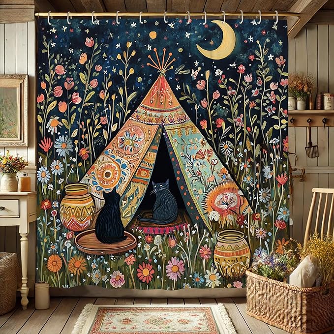 Bohemian Cats Shower Curtain, Colorful Floral Camping Tent Shower Curtain for Bathroom Décor, Summer Nature Inspired Waterproof Fabric Curtain Set with Hooks 72x72 Inch