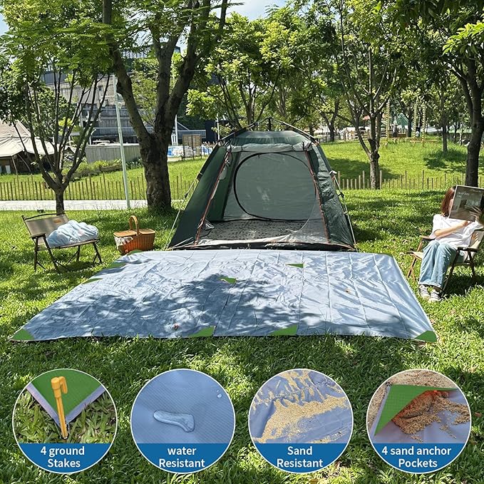 Pocket Beach Blanket Small Foldable Picnic Mat Portable Lightweight Camping Tarp Tent Blankets Washable Rug Quick Dry Compact Beach Mats Hiking Outdoor Essentials (Gray/Green 55"*59" / 4.59ft×4.92ft)