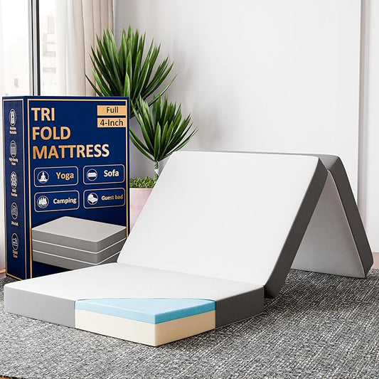 Greaton, 4-Inch Tri-Folding Gel Memory Foam Portable Floor Mattress | Breathable Mesh, Ultra Soft, Cot Pad, Removable and Washable Cover, Comfortable Support, Therapeutic Qualities, Full, White