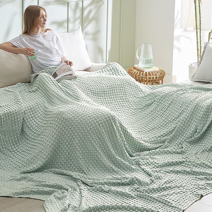 Bedsure Cooling Cotton Waffle Oversized King Blanket - Lightweight Breathable Blankets Rayon Derived from Bamboo for Hot Sleepers, Luxury Throws for Bed and Sofa, Sage Green, 120x96 Inches