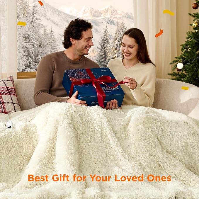 Bedsure Faux Fur Heated Blanket Throw Blanket, Fast Heating Fluffy Electric Blanket, Heated Throw with 4 Time Settings & 6 Heating Settings, Cozy Gifts for Women Men(50x60 inches, Cream)