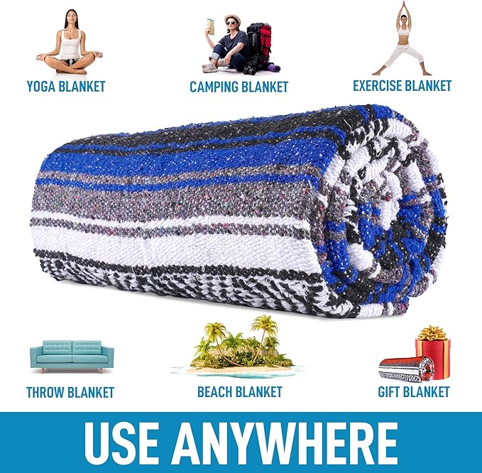 Hydration Nation Authentic Extra Large Mexican Blanket - 70"x50" Handwoven Yoga, Serape, Artisanal Falsa, Beach, Camping, Picnic, Outdoor Blanket - King Blue