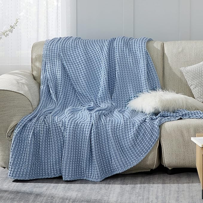 Bedsure Cooling Cotton Waffle Queen Size Blanket - Lightweight Breathable Blanket of Rayon Derived from Bamboo for Hot Sleepers, Luxury Throws for Bed, Couch and Sofa, Sky Blue, 90x90 Inches