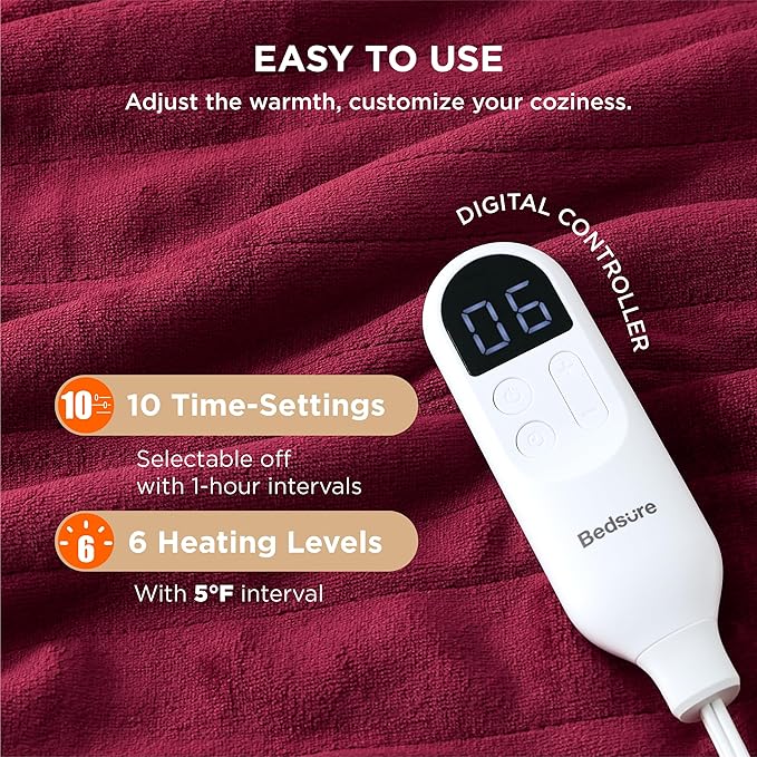 Bedsure Electric Blanket Twin - Soft Flannel Heated Blanket, Fast Heating with 10 Time Settings & 6 Heat Settings, Warm Gift for Grandma (62x84 inches, Burgundy)