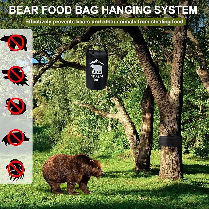 1 Set Bear Bags for Food Backpacking 10L Bear Food Bag Hanging System Bear Proof Food Storage Includes Waterproof Bear Bag, Rock Pouch, Hooks and Nylon Ropes for Camping Hiking (10 L, Black)