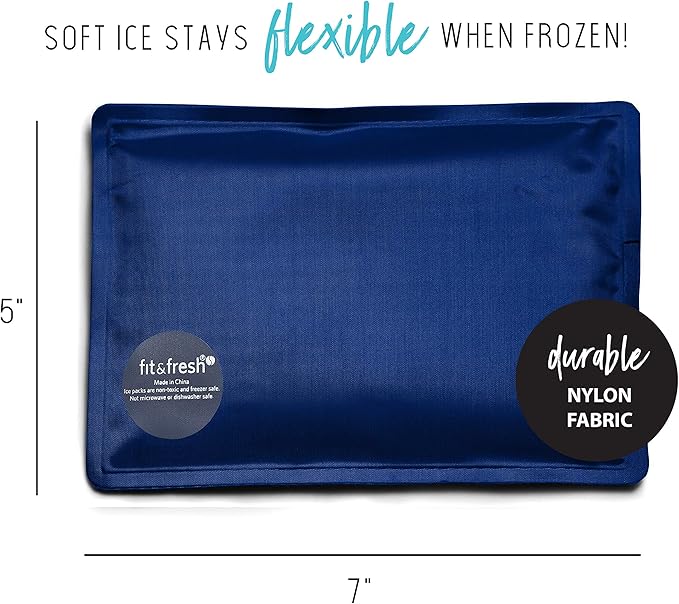 Cool Coolers by Fit & Fresh 2 Pack Soft Ice, Flexible Stretch Nylon Reusable Ice Packs for Lunch Boxes & Coolers, Navy Sketch Weave & Blue