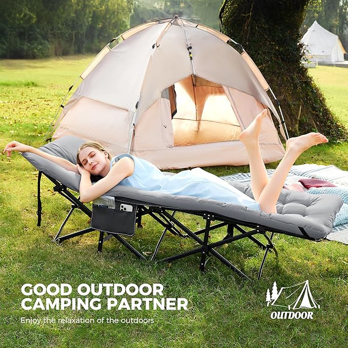 JEAREY 2-Piece Camping Cot for Sleeping 28" Extra Wide, Heavy-Duty 1200D Oxford Foliding Cots for Adults Portable with Mattress, Carry Bag for Guest, Travel, Hiking, Light Gray