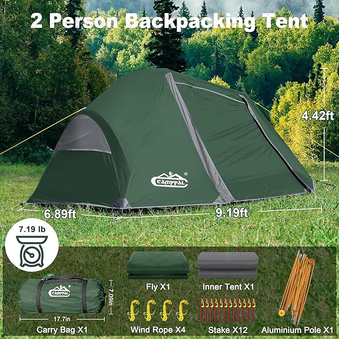 1-2 Person Backpacking Tent, Waterproof Windproof Two Person Tents for Camping & Hiking Double Doors Easy Setup UPF 50+ with 1 Vestibule
