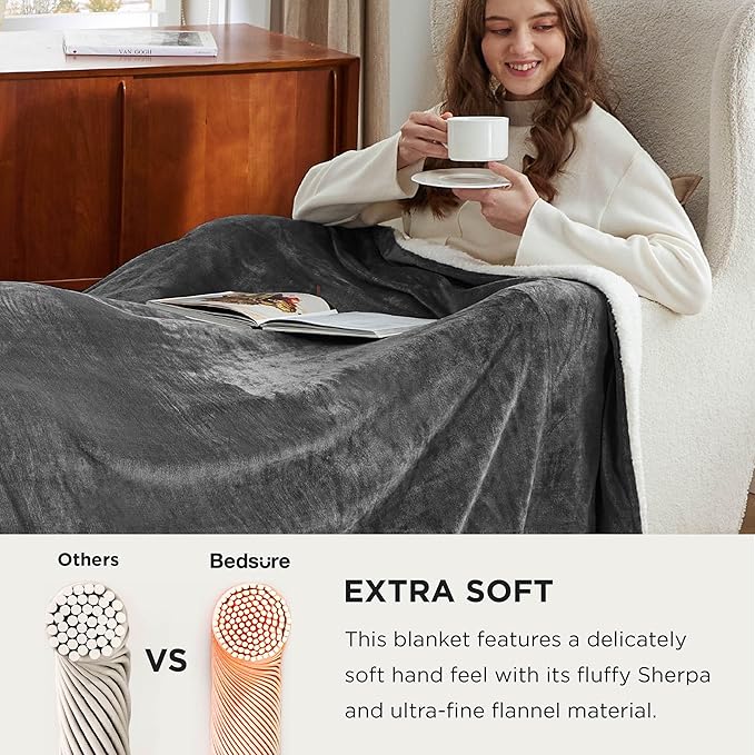 Bedsure GentleSoft Sherpa Fleece Oversized Cal King Blankets for Bed - Thick and Warm, Soft Fuzzy Plush Large Blanket for Winter, Charcoal, 112x98 Inches