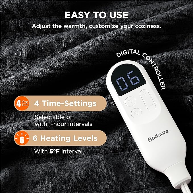 Bedsure Heated Blanket Throw Blanket - Fast Heating Electric Blanket, Soft Flannel Heated Throw with 4 Time Settings, 6 Heating Settings, Warm Gifts for Grandma Grandpa (50x60 inches, Dark Grey)