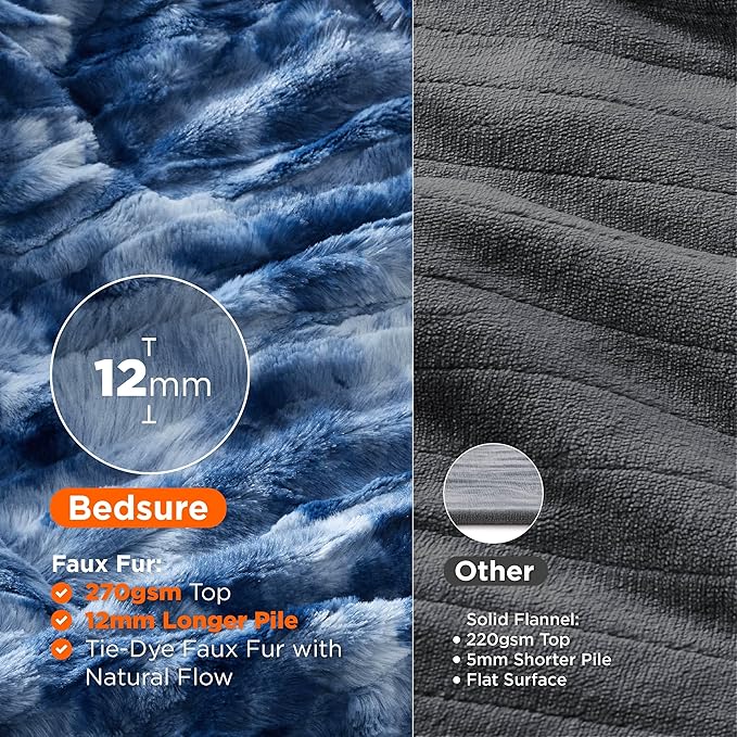Bedsure Faux Fur Electric Blanket Queen Size, Dual Control Heated Blanket Queen, Fast Heating Blanket with 10 Heating Levels & 10 Time Settings, Cozy Gifts for Women Men (84x90 inches, Denim Blue)