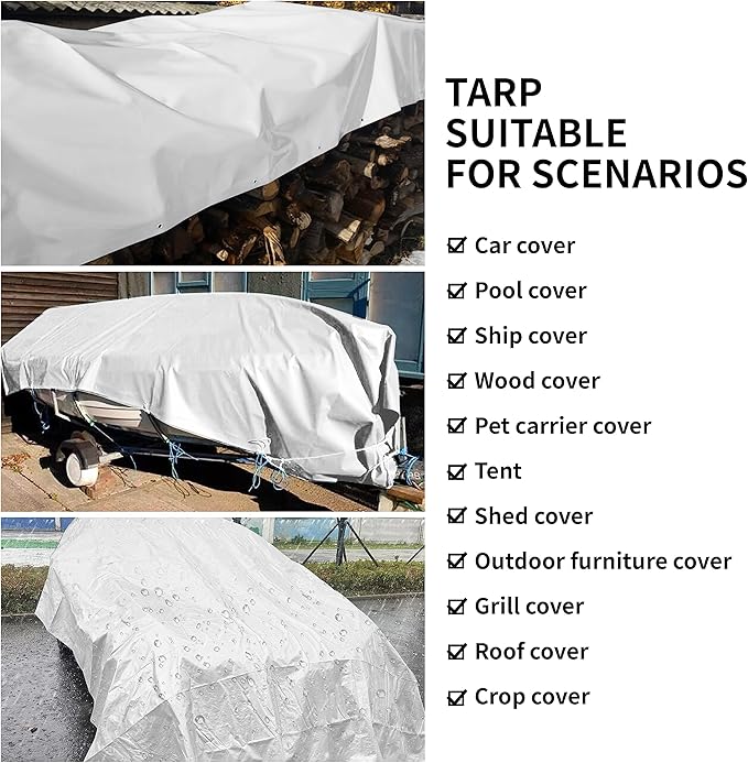 TARPAL 8'x10' White Tarp Waterproof 7.5 mil Medium Duty All Purpose Poly Tarps Cover Waterproof,Snow Proof UV Protection,Rip and Tear Proof,Poly Tarpaulin