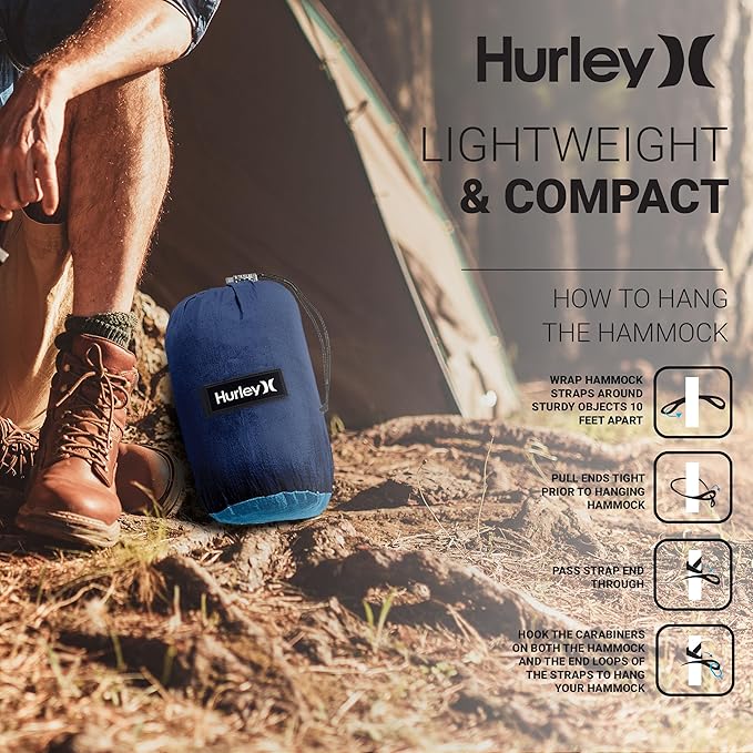 Hurley Duo Camping Hammock - 1 Person Portable Hammock for Camping, Heavy Duty Hammock with Parachute Nylon Fabric - Camping Accessories & Camping Gear for Outdoor Activities - Holds Up to 400lbs