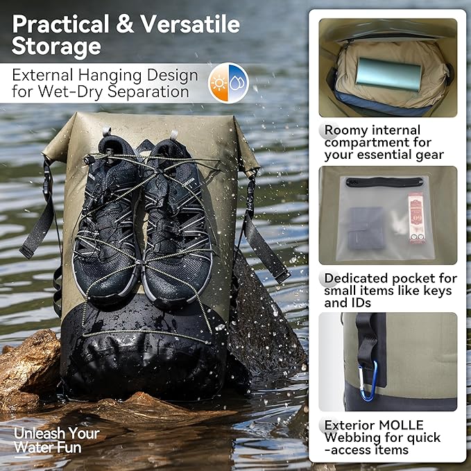MARCHWAY Floating Roll Top Dry Bag, Flexible Lightweight TPU Waterproof Backpack 20L/30L/40L with Padded Straps for Boating, Kayaking, Swimming, Hiking, Beach (Green, 20L)