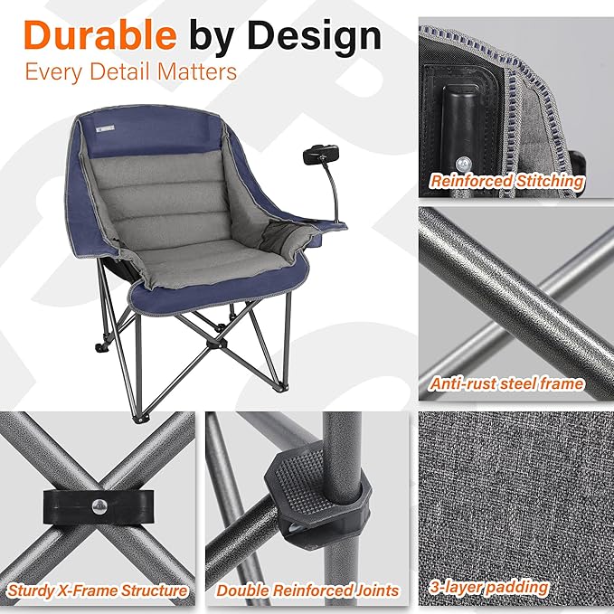 Camping Chairs for Adults-Oversized Extra Large Lawn Chair,Folding Comfy Padded Chair w/Phone Holder,Side Pocket,Cup Holder for Outdoor,Wide&Thick,Heavy Duty 400Lbs,Blue