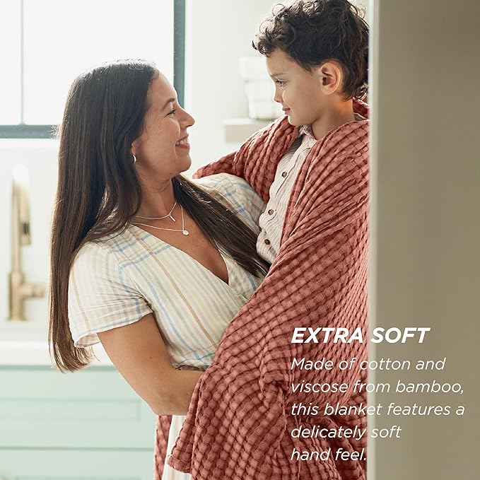 Bedsure Cooling Cotton Waffle King Size Blanket - Lightweight Breathable Blanket of Rayon Derived from Bamboo for Hot Sleepers, Luxury Throws for Bed, Couch and Sofa, Red Orange, 104x90 Inches