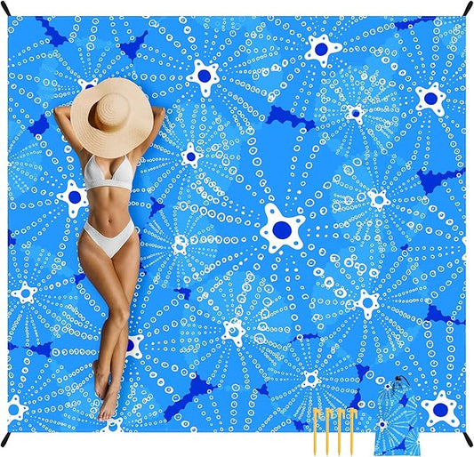 Beach Blanket, 78''×86'' Large Waterproof Sandproof Beach Mat for 2-4 Adults, Lightweight Compact Sand Free Outdoor Picnic Blanket with 4 Stakes & 4 Corner Pockets