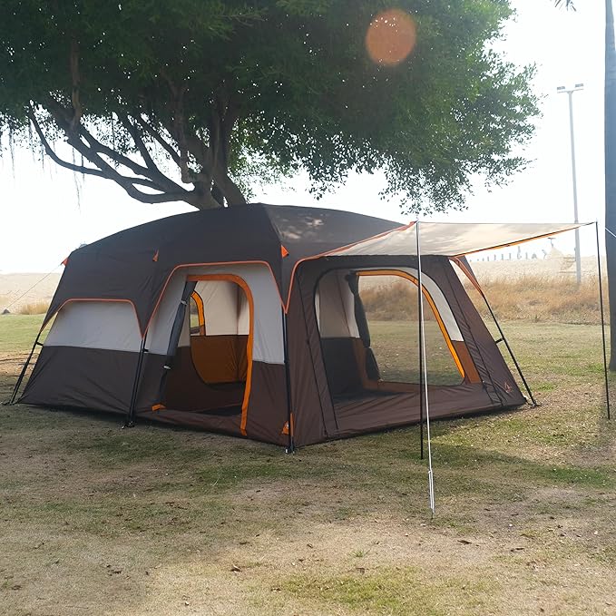 KTT Extra Large Tent 6-10-12-14 Person(Style-B),Family Cabin Tents,2 Rooms,3 Doors and 3 Windows with Mesh,Straight Wall,Waterproof,Double Layer,Big Tent for Outdoor,Picnic,Camping,Family Gathering