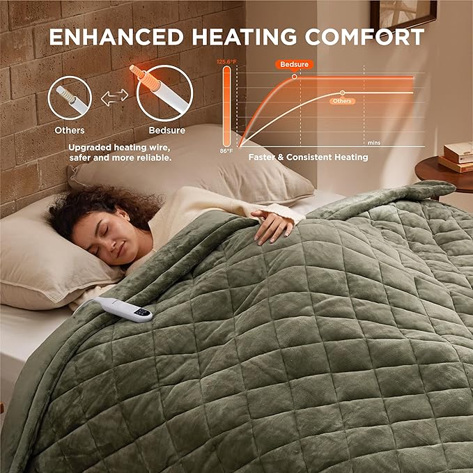 Bedsure Electric Blanket Full Size - Quilted Heated Blanket Full, Soft Flannel Thick Heating Blanket with 10 Time Settings & 6 Heat Settings, Warm Gifts for Women Men (72x84 inches, Olive Green)