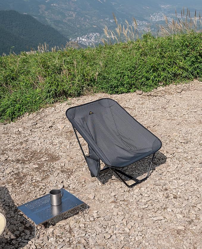 iClimb Low Ultralight Compact Camping Folding Chair with Side Pocket and Carry Bag (Black Grid)