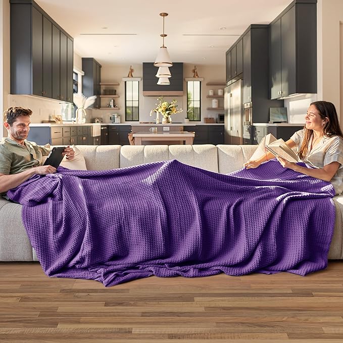 Bedsure Gentlesoft 100% Cotton Blanket Queen Size for Bed - Breathable and Soft, Waffle Weave Blanket for Summer, Thick Cozy Fall Blankets for Women Gift, Purple, 90x90 Inches