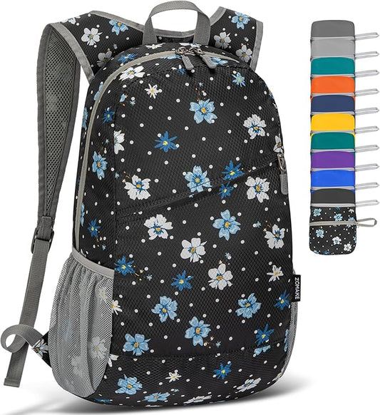 ZOMAKE Lightweight Packable Backpack,Foldable Backpacks Small Daypack for Hiking Water Resistant Day Bag for Travel(Black,Floral pattern)