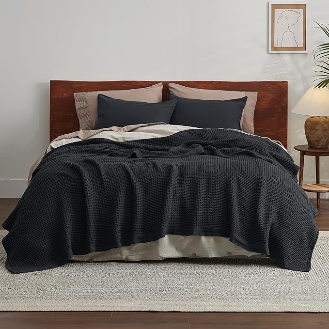 Bedsure Gentlesoft 100% Cotton Blanket King Size for Bed - Breathable and Soft, Waffle Weave Blanket for Summer, Thick Cozy Fall Blankets for Women Gift, Black, 104x90 inches