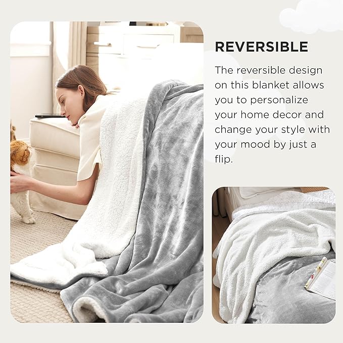 Bedsure GentleSoft Sherpa Fleece Oversized Cal King Blankets for Bed - Thick and Warm, Soft Fuzzy Plush Large Blanket for Winter, Light Grey, 112x98 Inches