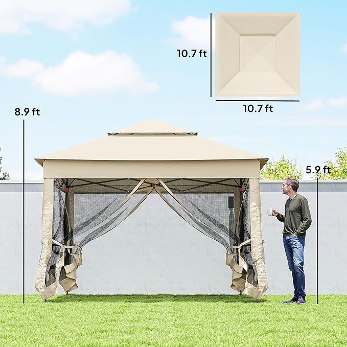 Outsunny 11' x 11' Pop Up Canopy, Outdoor Patio Gazebo Shelter with Removable Zipper Netting, Instant Event Tent w/ 114 Square Feet of Shade and Carry Bag for Backyard, Garden, Beige