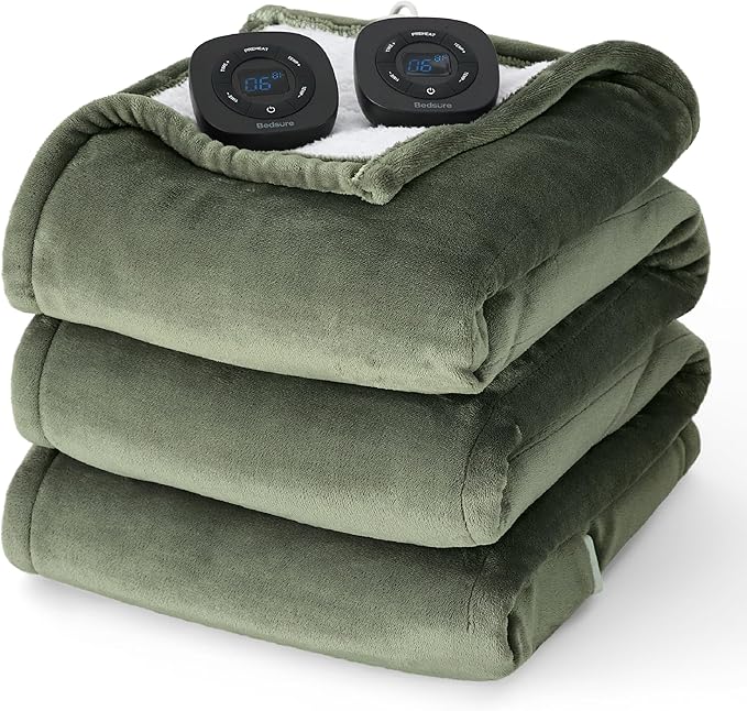 Bedsure Electric Blanket King Size - Dual Control Heated Blanket King Size, Fast Heating with 10 Time Settings & 10 Heat Settings, Warm Gift for Grandma (100x90 inches, Olive Green)