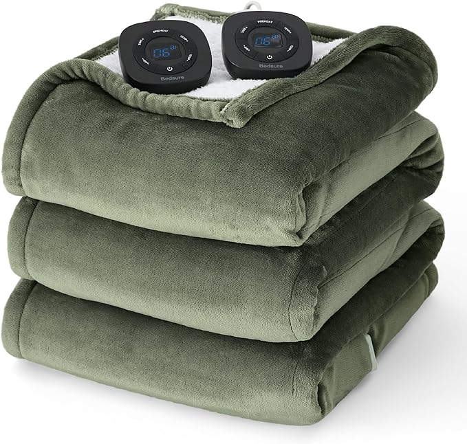 Bedsure Electric Blanket Queen Size - Dual Control Heated Blanket Queen, Fast Heating with 10 Time Settings & 10 Heat Settings, Warm Gift for Grandma (84x90 inches, Olive Green)