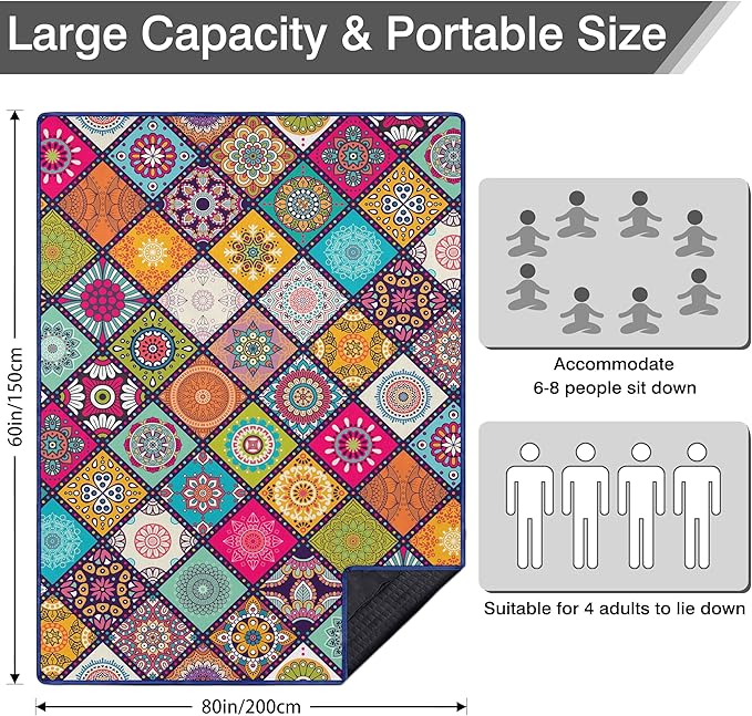 Waterproof Picnic Blankets Foldable & Portable 60''x80'' Boho Picnic Mat for Outdoors, Large Washable Picnic Blanket for Travel Camping Beach, Park Grass Picnic Blanket Accessories for Adults