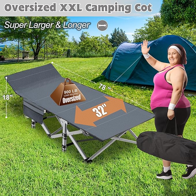 ABORON XXL Camping Cot for Adults, Oversized 78"×32" Folding Camping Bed, 900LBS Heavy Duty Outdoor Sleeping Cot with Mattress Pad, 1200D Oxford, Portable with Carry Bag