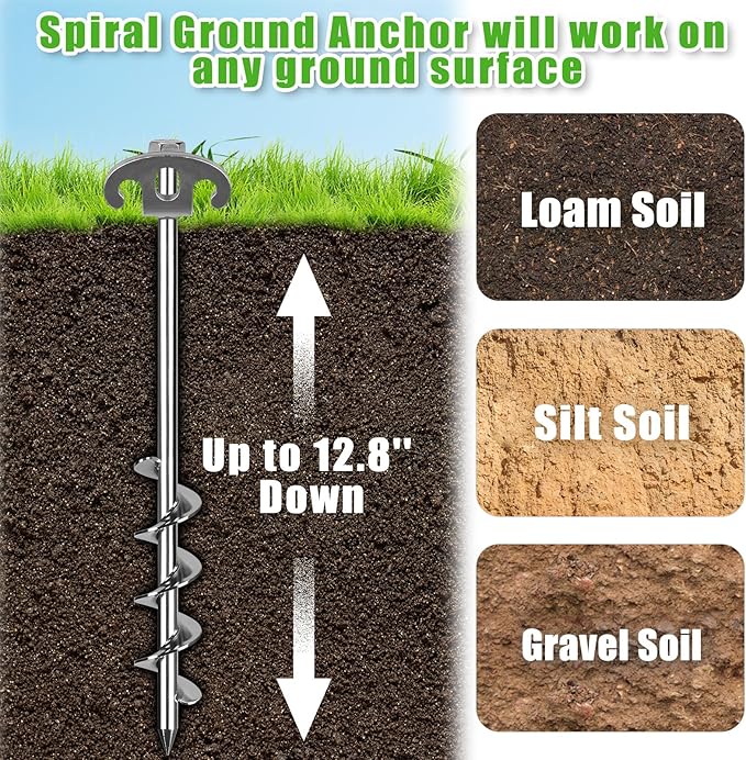 14 Inch Screw in Ground Anchors Kit, 4 Pack Heavy Duty Tent Stakes, Double-Sided Welded Spiral Windproof Earth Anchors for Trampoline, Shed, Swing Set & Mobile Home